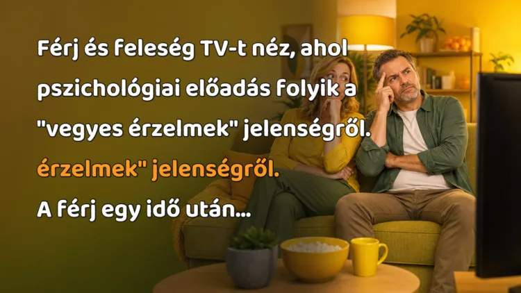 Vicc: Férj és feleség TV-t néz, ahol pszichológiai előadás folyik a "vegyes... Férj és feleség TV-t néz, ahol pszichológiai előadás folyik a "vegyes érzelmek" jelenségről. érzelmek" jelenségről. A férj egy idő után...