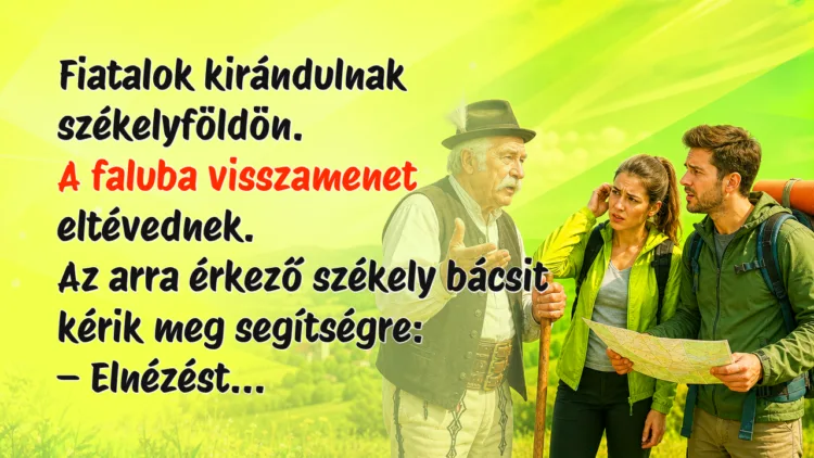Vicc: Fiatalok kirándulnak székelyföldön. A faluba visszamenet eltévednek... Fiatalok kirándulnak székelyföldön. A faluba visszamenet eltévednek. Az arra érkező székely bácsit kérik meg segítségre: – Elnézést...