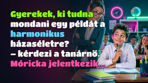 Gyerekek, ki tudna mondani egy példát a harmonikus házaséletre? – kérdezi a tanárnő. Móricka jelentkezik...