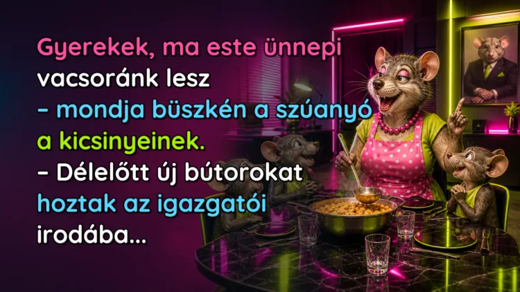 Vicc: Gyerekek, ma este ünnepi vacsoránk lesz - mondja büszkén a szúanyó... Gyerekek, ma este ünnepi vacsoránk lesz – mondja büszkén a szúanyó a kicsinyeinek. – Délelőtt új bútorokat hoztak az igazgatói irodába...