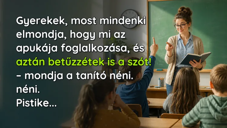 Vicc: Gyerekek, most mindenki elmondja, hogy mi az apukája foglalkozása... Gyerekek, most mindenki elmondja, hogy mi az apukája foglalkozása, és aztán betűzzétek is a szót! – mondja a tanító néni. néni. Pistike...
