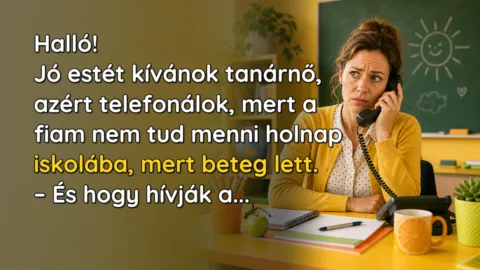 Halló! Jó estét kívánok tanárnő, azért telefonálok, mert a fiam nem tud menni holnap iskolába, mert beteg lett. – És hogy hívják a...