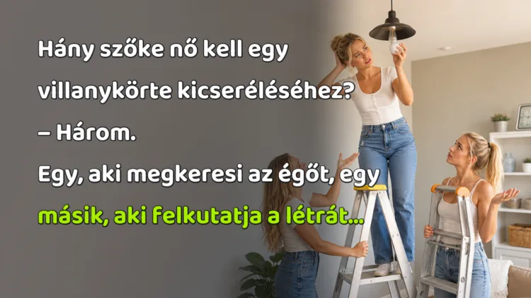 Vicc: Hány szőke nő kell egy villanykörte kicseréléséhez? Hány szőke nő kell egy villanykörte kicseréléséhez? – Három. Egy, aki megkeresi az égőt, egy másik, aki felkutatja a létrát...