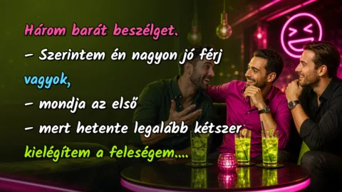 Vicc: Három barát beszélget... Három barát beszélget. – Szerintem én nagyon jó férj vagyok, – mondja az első – mert hetente legalább kétszer kielégítem a feleségem....