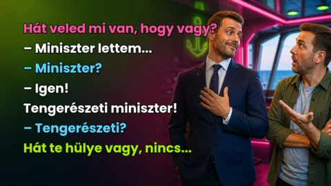 Hát veled mi van, hogy vagy? – Miniszter lettem... – Miniszter? – Igen! Tengerészeti miniszter! – Tengerészeti? Hát te hülye vagy, nincs...