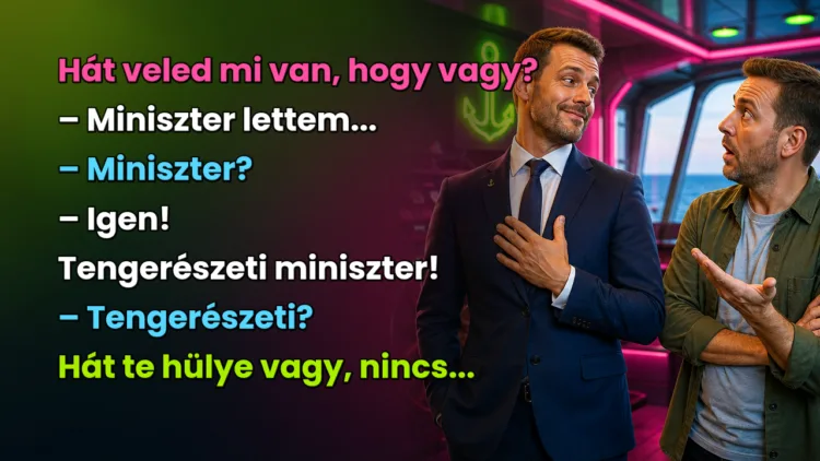 Vicc: Hát veled mi van, hogy vagy? Hát veled mi van, hogy vagy? – Miniszter lettem... – Miniszter? – Igen! Tengerészeti miniszter! – Tengerészeti? Hát te hülye vagy, nincs...