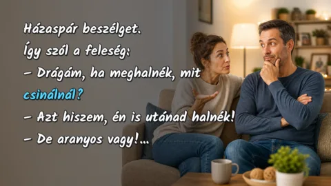Házaspár beszélget. Így szól a feleség: – Drágám, ha meghalnék, mit csinálnál? – Azt hiszem, én is utánad halnék! – De aranyos vagy!...