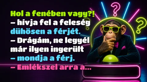 Hol a fenében vagy?! – hívja fel a feleség dühösen a férjét. – Drágám, ne legyél már ilyen ingerült – mondja a férj. – Emlékszel arra a...