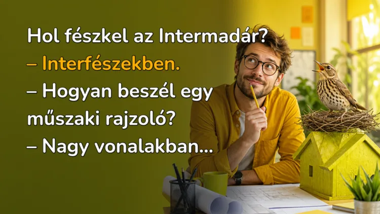 Vicc: Hol fészkel az Intermadár? Hol fészkel az Intermadár? – Interfészekben. – Hogyan beszél egy műszaki rajzoló? – Nagy vonalakban...