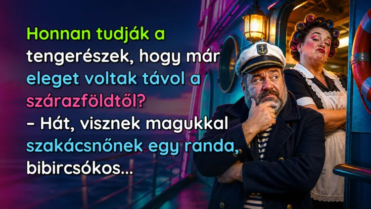 Vicc: Honnan tudják a tengerészek, hogy már eleget voltak távol a szárazföldtől? Honnan tudják a tengerészek, hogy már eleget voltak távol a szárazföldtől? – Hát, visznek magukkal szakácsnőnek egy randa, bibircsókos...