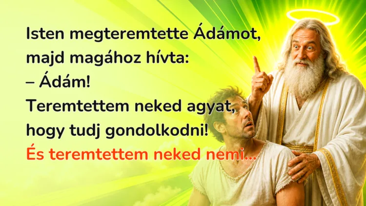 Vicc: Isten megteremtette Ádámot, majd magához hívta... Isten megteremtette Ádámot, majd magához hívta: – Ádám! Teremtettem neked agyat, hogy tudj gondolkodni! És teremtettem neked nemi...