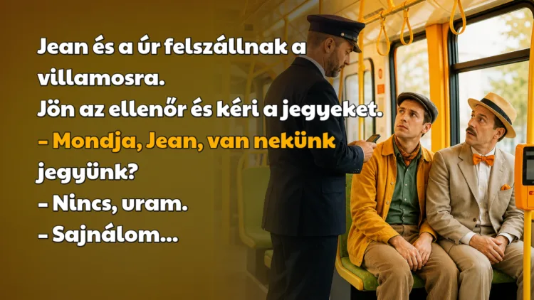 Vicc: Jean és a úr felszállnak a villamosra... Jean és a úr felszállnak a villamosra. Jön az ellenőr és kéri a jegyeket. – Mondja, Jean, van nekünk jegyünk? – Nincs, uram. – Sajnálom...