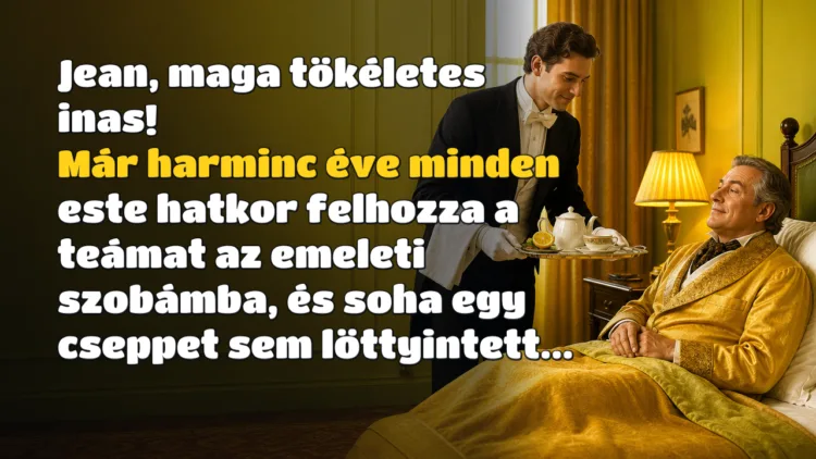 Vicc: Jean, maga tökéletes inas! Már harminc éve minden este hatkor felhozza... Jean, maga tökéletes inas! Már harminc éve minden este hatkor felhozza a teámat az emeleti szobámba, és soha egy cseppet sem löttyintett...