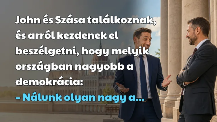 Vicc: John és Szása találkoznak, és arról kezdenek el beszélgetni... John és Szása találkoznak, és arról kezdenek el beszélgetni, hogy melyik országban nagyobb a demokrácia: – Nálunk olyan nagy a...