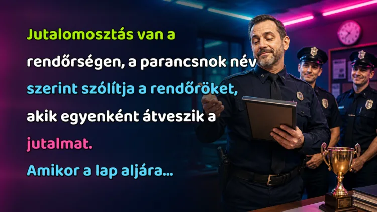 Vicc: Jutalomosztás van a rendőrségen, a parancsnok név szerint szólítja... Jutalomosztás van a rendőrségen, a parancsnok név szerint szólítja a rendőröket, akik egyenként átveszik a jutalmat. Amikor a lap aljára...