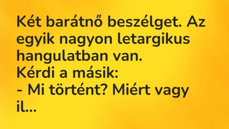 Vicc: Két barátnő beszélget. Az egyik nagyon letargikus hangulatban van… Vicc: Két barátnő beszélget. Az egyik nagyon letargikus hangulatban van…