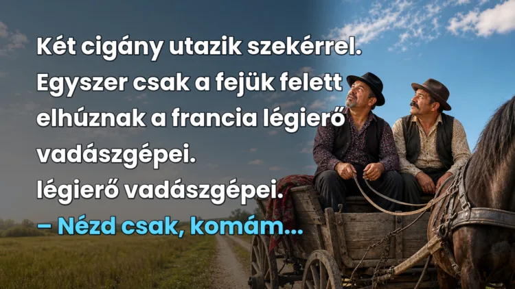 Vicc: Két cigány utazik szekérrel. Egyszer csak a fejük felett elhúznak... Két cigány utazik szekérrel. Egyszer csak a fejük felett elhúznak a francia légierő vadászgépei. légierő vadászgépei. – Nézd csak, komám...
