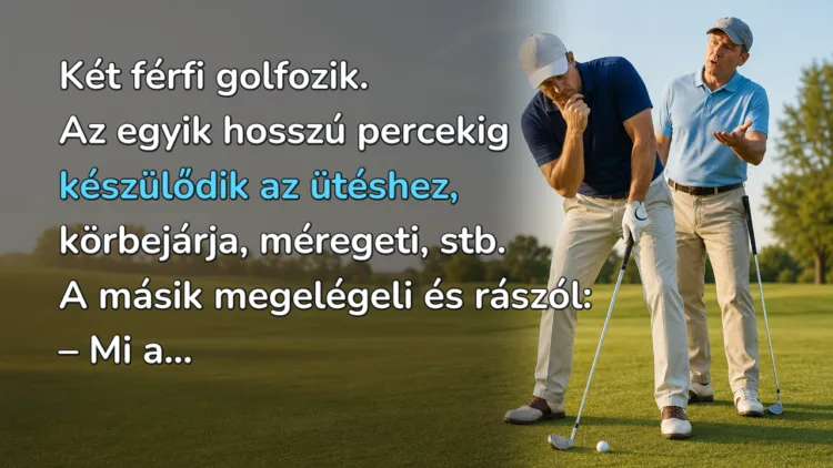 Vicc: Két férfi golfozik. Az egyik hosszú percekig készülődik az ütéshez... Két férfi golfozik. Az egyik hosszú percekig készülődik az ütéshez, körbejárja, méregeti, stb. A másik megelégeli és rászól: – Mi a...