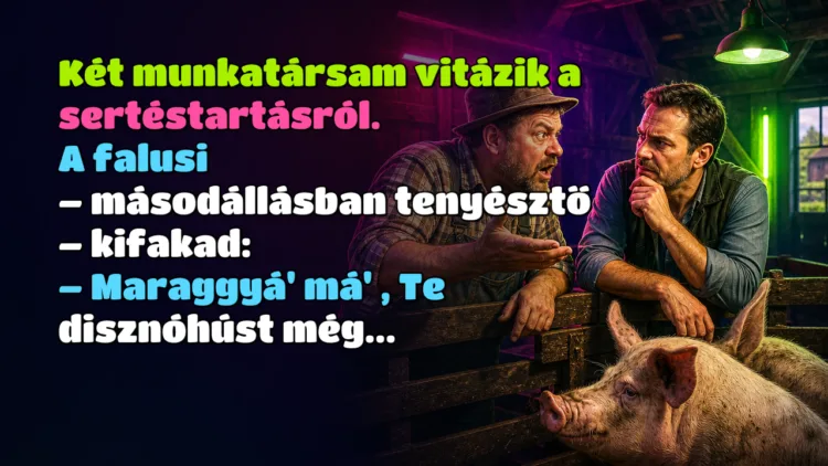 Vicc: Két munkatársam vitázik a sertéstartásról. A falusi - másodállásban... Két munkatársam vitázik a sertéstartásról. A falusi – másodállásban tenyésztő – kifakad: – Maraggyá' má' , Te disznóhúst még...