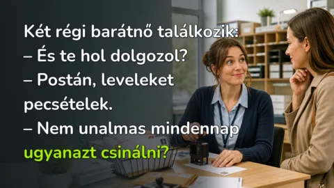 Két régi barátnő találkozik: – És te hol dolgozol? – Postán, leveleket pecsételek. – Nem unalmas mindennap ugyanazt csinálni?