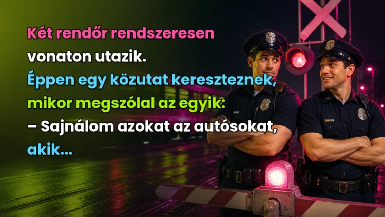 Vicc: Két rendőr rendszeresen vonaton utazik. Éppen egy közutat kereszteznek... Két rendőr rendszeresen vonaton utazik. Éppen egy közutat kereszteznek, mikor megszólal az egyik: – Sajnálom azokat az autósokat, akik...