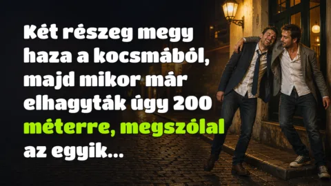 Két részeg megy haza a kocsmából, majd mikor már elhagyták úgy 200 méterre, megszólal az egyik...