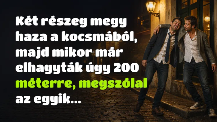 Vicc: Két részeg megy haza a kocsmából, majd mikor már elhagyták úgy 200... Két részeg megy haza a kocsmából, majd mikor már elhagyták úgy 200 méterre, megszólal az egyik...