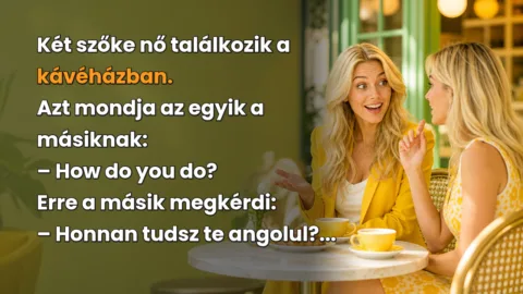 Két szőke nő találkozik a kávéházban. Azt mondja az egyik a másiknak: – How do you do? Erre a másik megkérdi: – Honnan tudsz te angolul?...