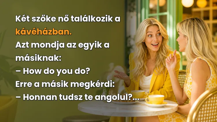 Vicc: Két szőke nő találkozik a kávéházban... Két szőke nő találkozik a kávéházban. Azt mondja az egyik a másiknak: – How do you do? Erre a másik megkérdi: – Honnan tudsz te angolul?...