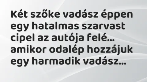 Vicc: Két szőke vadász éppen egy hatalmas szarvast cipel az autója felé… Vicc: Két szőke vadász éppen egy hatalmas szarvast cipel az autója felé…
