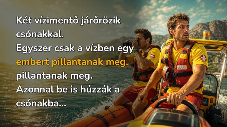 Vicc: Két vízimentő járőrözik csónakkal. Egyszer csak a vízben egy embert... Két vízimentő járőrözik csónakkal. Egyszer csak a vízben egy embert pillantanak meg. pillantanak meg. Azonnal be is húzzák a csónakba...