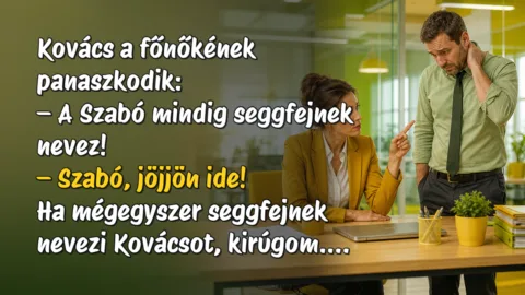 Kovács a főnőkének panaszkodik: – A Szabó mindig seggfejnek nevez! – Szabó, jöjjön ide! Ha mégegyszer seggfejnek nevezi Kovácsot, kirúgom....