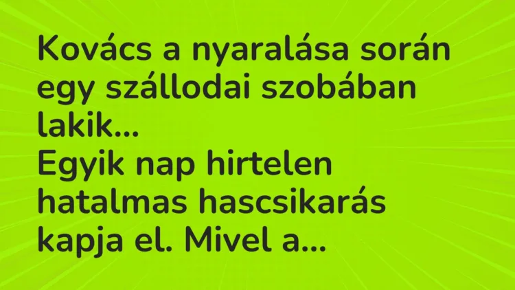 Vicc: Kovács a nyaralása során egy szállodai szobában lakik. Egyik nap… Vicc: Kovács a nyaralása során egy szállodai szobában lakik. Egyik nap…
