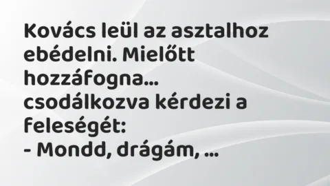 Vicc: Kovács leül az asztalhoz ebédelni. Mielőtt hozzáfogna, csodálkozva…