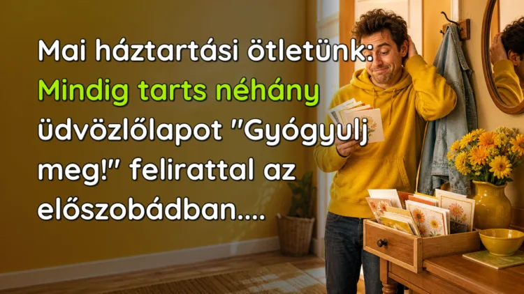 Vicc: Mai háztartási ötletünk... Mai háztartási ötletünk: Mindig tarts néhány üdvözlőlapot "Gyógyulj meg!" felirattal az előszobádban....