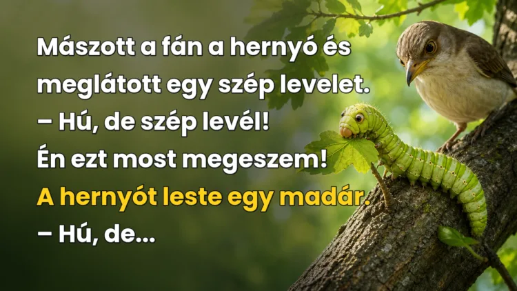 Vicc: Mászott a fán a hernyó és meglátott egy szép levelet... Mászott a fán a hernyó és meglátott egy szép levelet. – Hú, de szép levél! Én ezt most megeszem! A hernyót leste egy madár. – Hú, de...