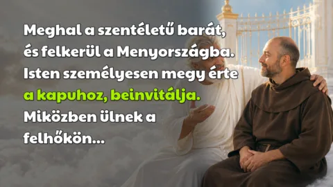 Meghal a szentéletű barát, és felkerül a Menyországba. Isten személyesen megy érte a kapuhoz, beinvitálja. Miközben ülnek a felhőkön...