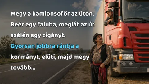 Megy a kamionsofőr az úton. Beér egy faluba, meglát az út szélén egy cigányt. Gyorsan jobbra rántja a kormányt, elüti, majd megy tovább...