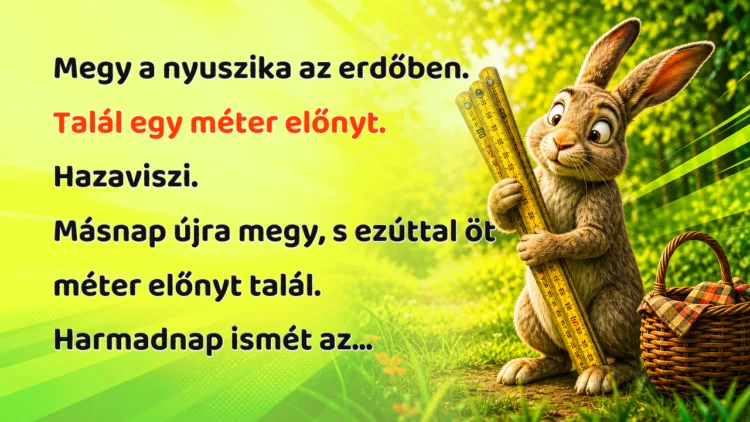 Vicc: Megy a nyuszika az erdőben. Talál egy méter előnyt. Hazaviszi... Megy a nyuszika az erdőben. Talál egy méter előnyt. Hazaviszi. Másnap újra megy, s ezúttal öt méter előnyt talál. Harmadnap ismét az...