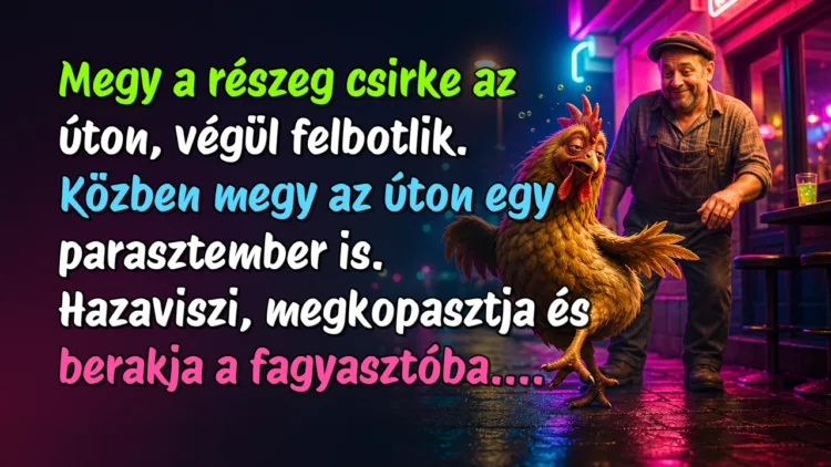 Vicc: Megy a részeg csirke az úton, végül felbotlik... Megy a részeg csirke az úton, végül felbotlik. Közben megy az úton egy parasztember is. Hazaviszi, megkopasztja és berakja a fagyasztóba....