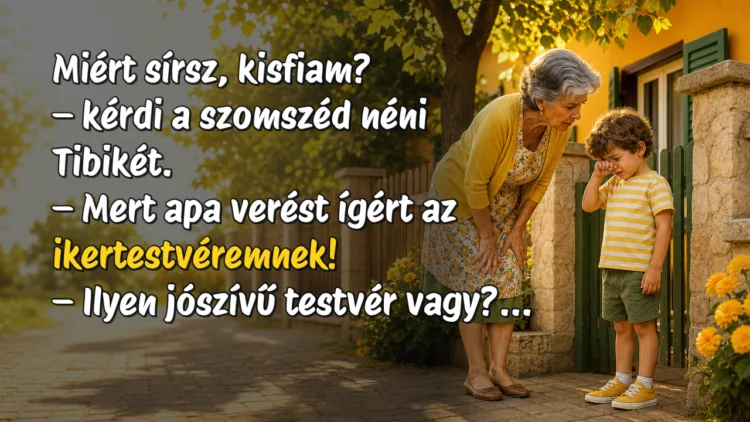 Vicc: Miért sírsz, kisfiam? - kérdi a szomszéd néni Tibikét... Miért sírsz, kisfiam? – kérdi a szomszéd néni Tibikét. – Mert apa verést ígért az ikertestvéremnek! – Ilyen jószívű testvér vagy?...