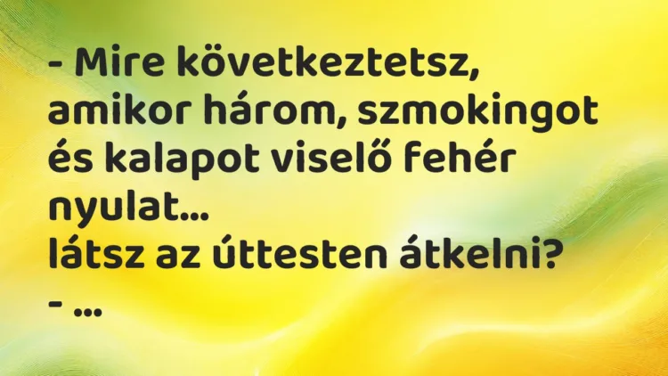 Vicc: Mire következtetsz, amikor három, szmokingot és kalapot viselő fehér… Vicc: Mire következtetsz, amikor három, szmokingot és kalapot viselő fehér…