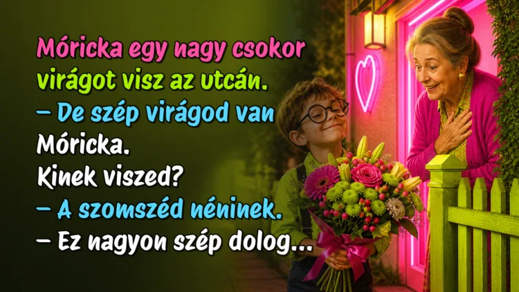 Vicc: Móricka egy nagy csokor virágot visz az utcán... Móricka egy nagy csokor virágot visz az utcán. – De szép virágod van Móricka. Kinek viszed? – A szomszéd néninek. – Ez nagyon szép dolog...