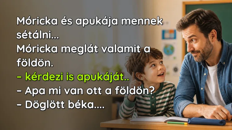 Vicc: Móricka és apukája mennek sétálni... Móricka és apukája mennek sétálni... Móricka meglát valamit a földön. – kérdezi is apukáját.. – Apa mi van ott a földön? – Döglött béka....