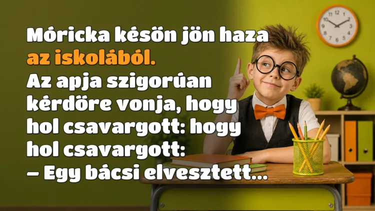 Vicc: Móricka későn jön haza az iskolából. Az apja szigorúan kérdőre vonja... Móricka későn jön haza az iskolából. Az apja szigorúan kérdőre vonja, hogy hol csavargott: hogy hol csavargott: – Egy bácsi elvesztett...