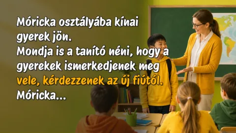 Móricka osztályába kínai gyerek jön. Mondja is a tanító néni, hogy a gyerekek ismerkedjenek meg vele, kérdezzenek az új fiútól. Móricka...