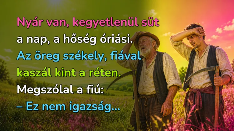 Vicc: Nyár van, kegyetlenül süt a nap, a hőség óriási... Nyár van, kegyetlenül süt a nap, a hőség óriási. Az öreg székely, fiával kaszál kint a réten. Megszólal a fiú: – Ez nem igazság...
