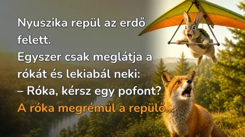 Nyuszika repül az erdő felett. Egyszer csak meglátja a rókát és lekiabál neki: – Róka, kérsz egy pofont? A róka megrémül a repülő...