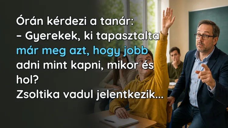 Vicc: Órán kérdezi a tanár... Órán kérdezi a tanár: – Gyerekek, ki tapasztalta már meg azt, hogy jobb adni mint kapni, mikor és hol? Zsoltika vadul jelentkezik...