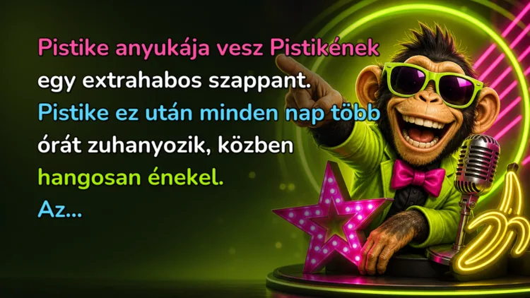 Vicc: Pistike anyukája vesz Pistikének egy extrahabos szappant... Pistike anyukája vesz Pistikének egy extrahabos szappant. Pistike ez után minden nap több órát zuhanyozik, közben hangosan énekel. Az...